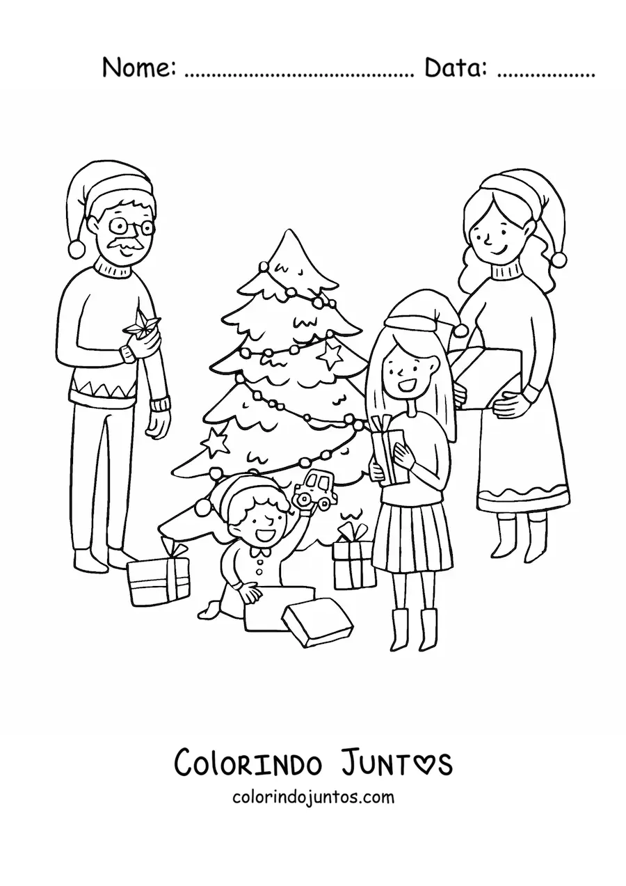 Desenho para colorir de familia com criancas abrindo presentes no Natal