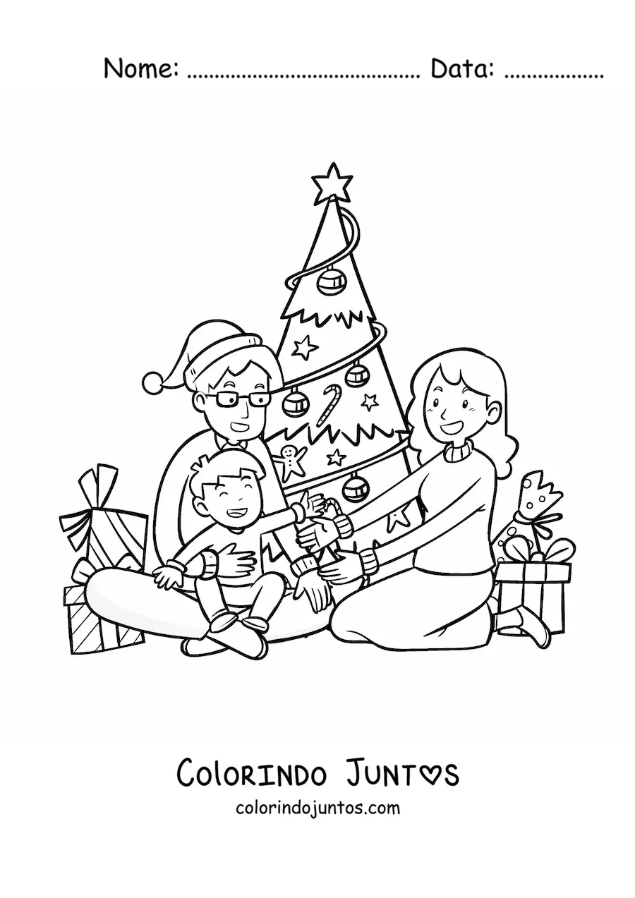 Desenho para colorir de familia unida no Natal junto a arvore