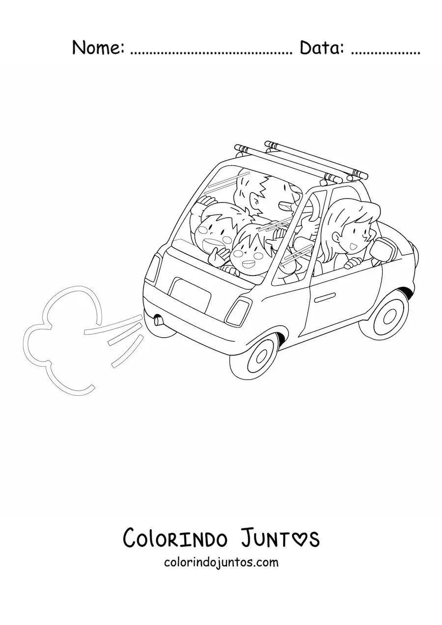 Desenho para colorir de uma família animada em um carro