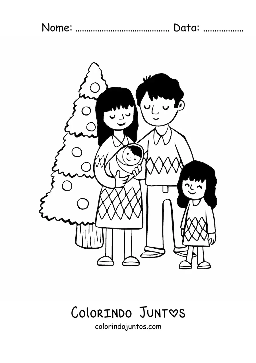 Desenho para colorir de familia com bebe junto a arvore de Natal