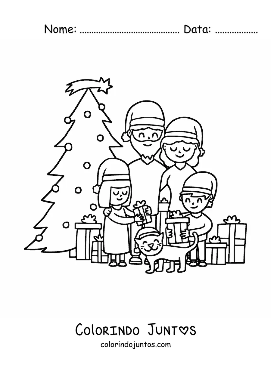 Desenho para colorir de familia de 4 integrantes com gato junto a arvore de Natal