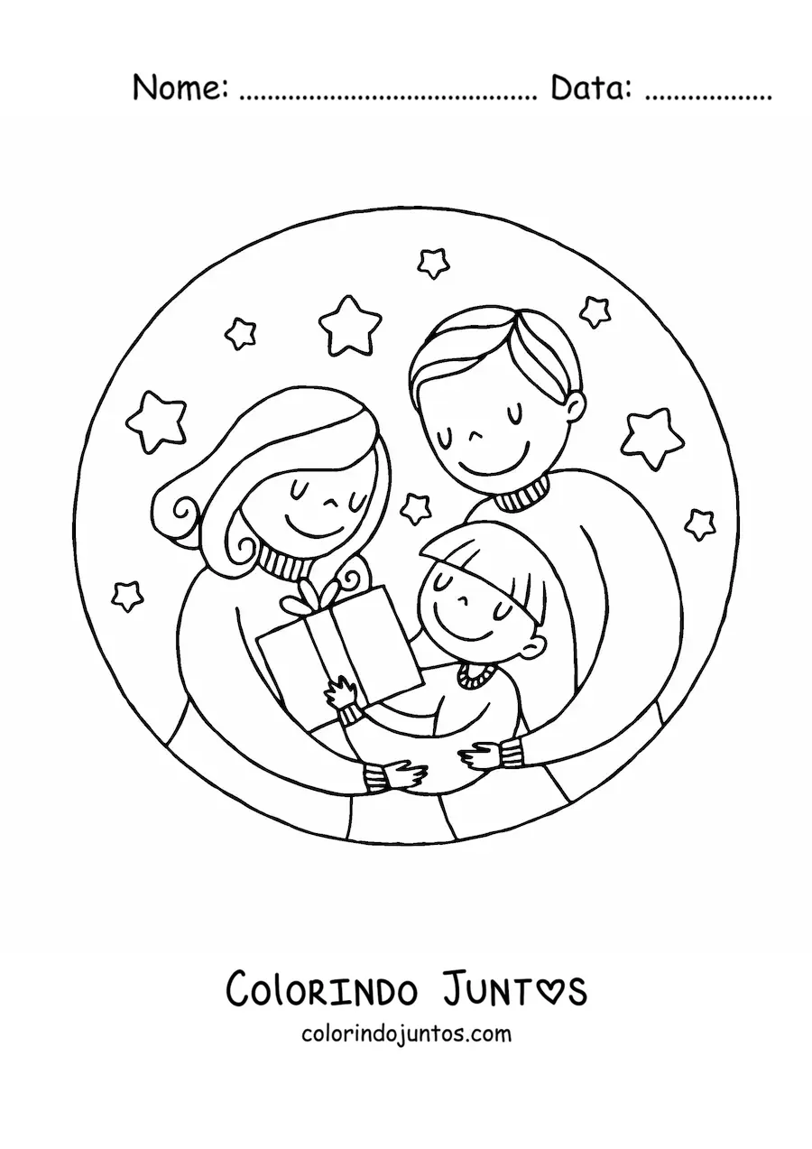 Desenho para colorir de familia de 3 pessoas no Natal com presente