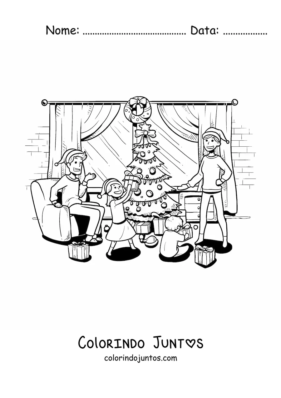Desenho para colorir de familia abrindo presentes no Natal em casa
