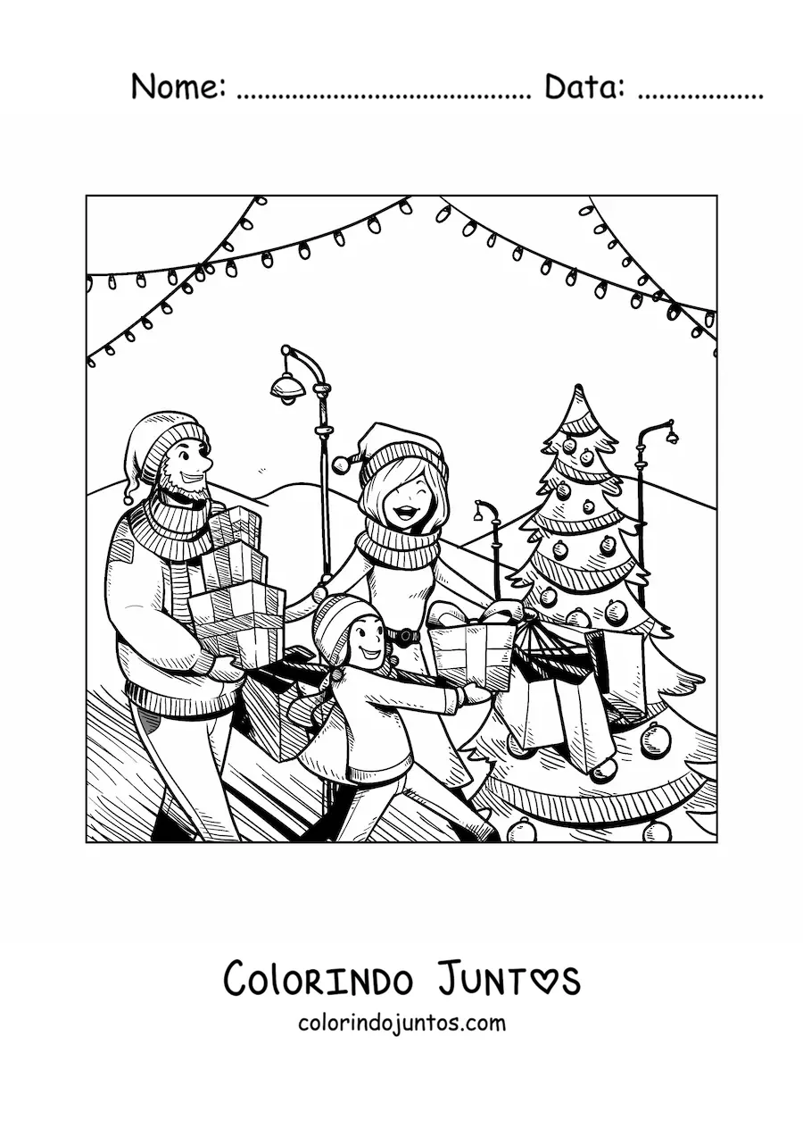Desenho para colorir de familia fazendo as compras de Natal