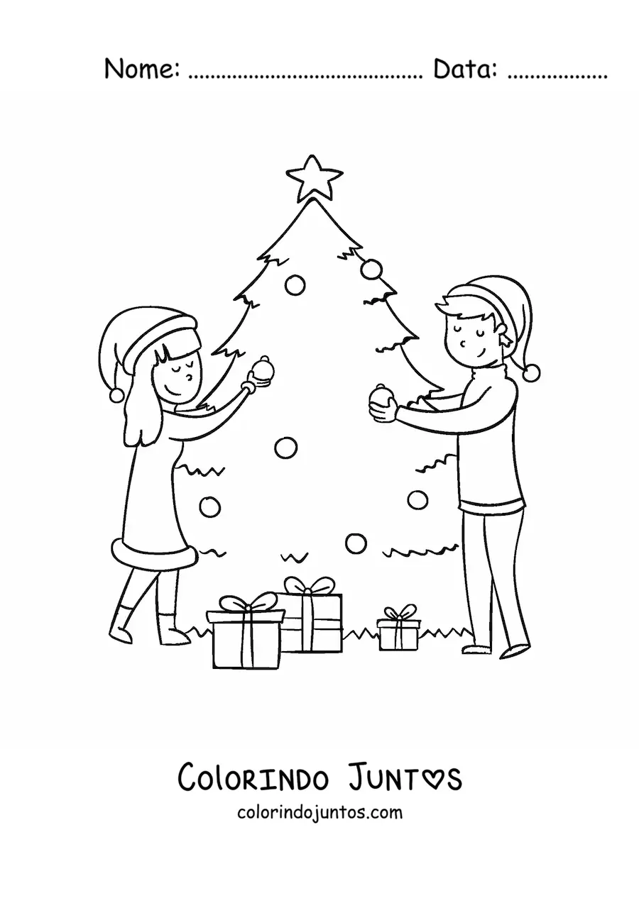 Desenho para colorir de casal decorando a arvore de Natal
