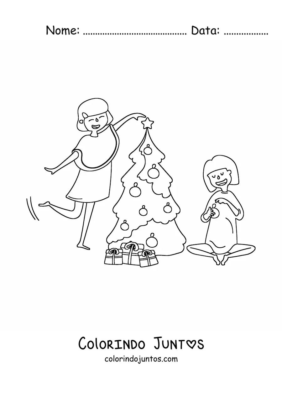 Desenho para colorir de duas meninas decorando a arvore de Natal