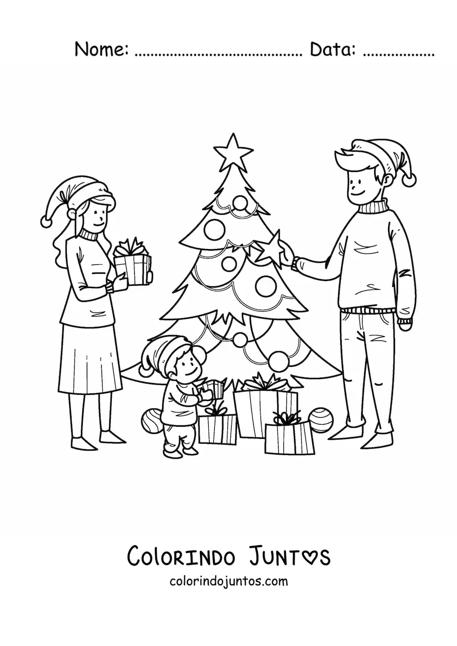 Desenho para colorir de familia na manha de Natal com presentes junto a arvorezinha