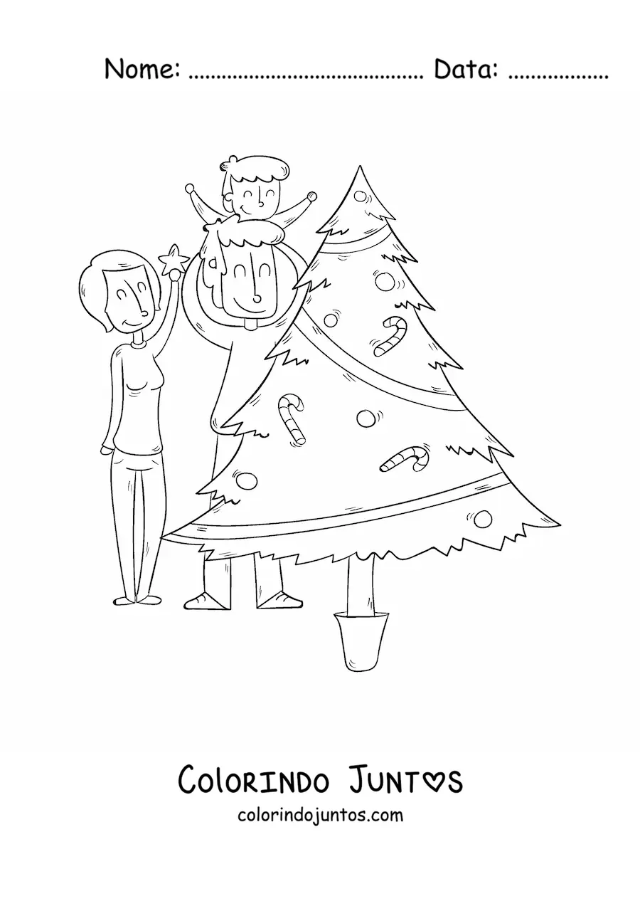 Desenho para colorir de familia decorando a arvore de Natal