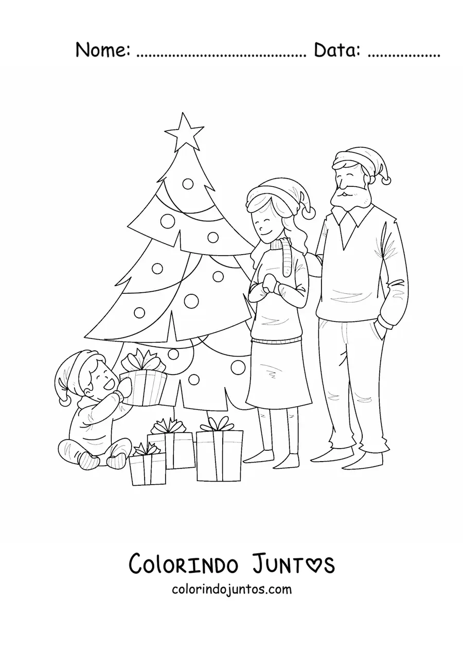 Desenho para colorir de familia com menino junto a arvore de Natal com presentes