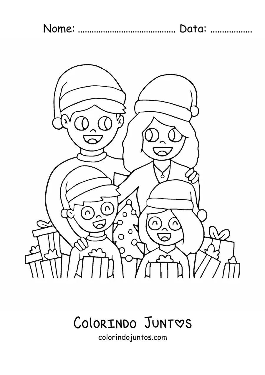 Desenho para colorir de familia de 4 membros unida no Natal
