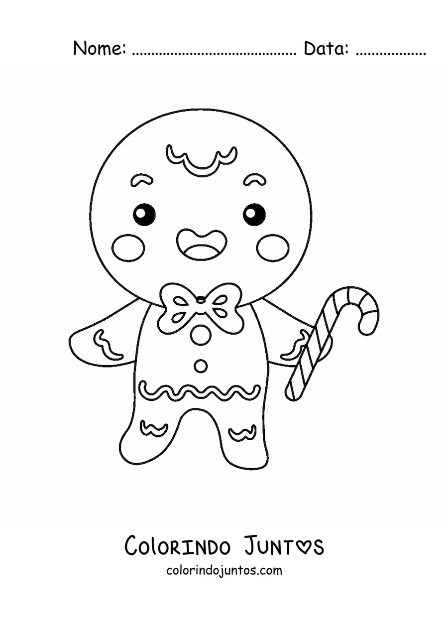 Desenho para colorir de homem-biscoito kawaii com bastao de doce
