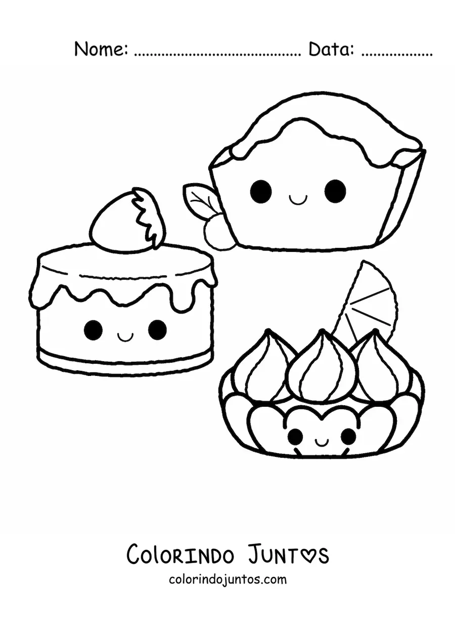 Desenho para colorir de três bolos kawaii
