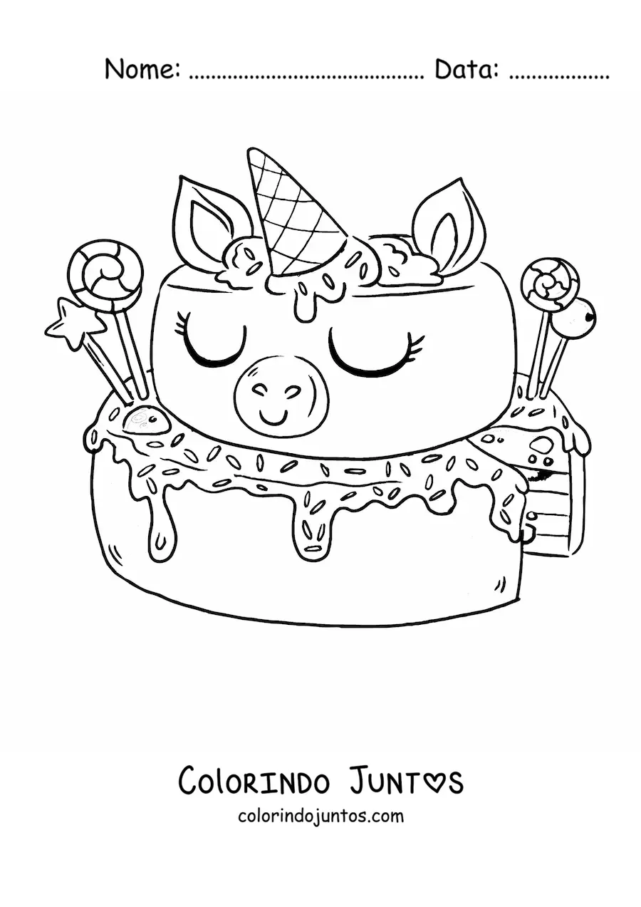 Desenho para colorir de um bolo decorado como um unicórnio