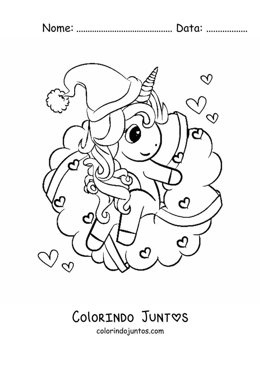 Desenho para colorir de guirlanda de Natal kawaii com unicornio