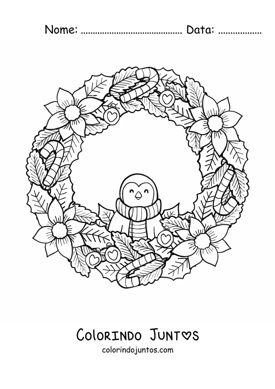 Desenho para colorir de guirlanda de Natal com pinguim kawaii e flores