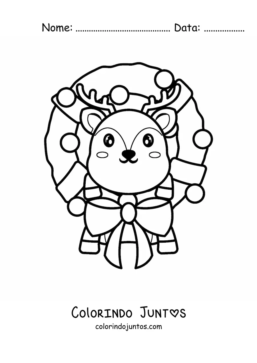 Desenho para colorir de guirlanda de Natal com rena kawaii