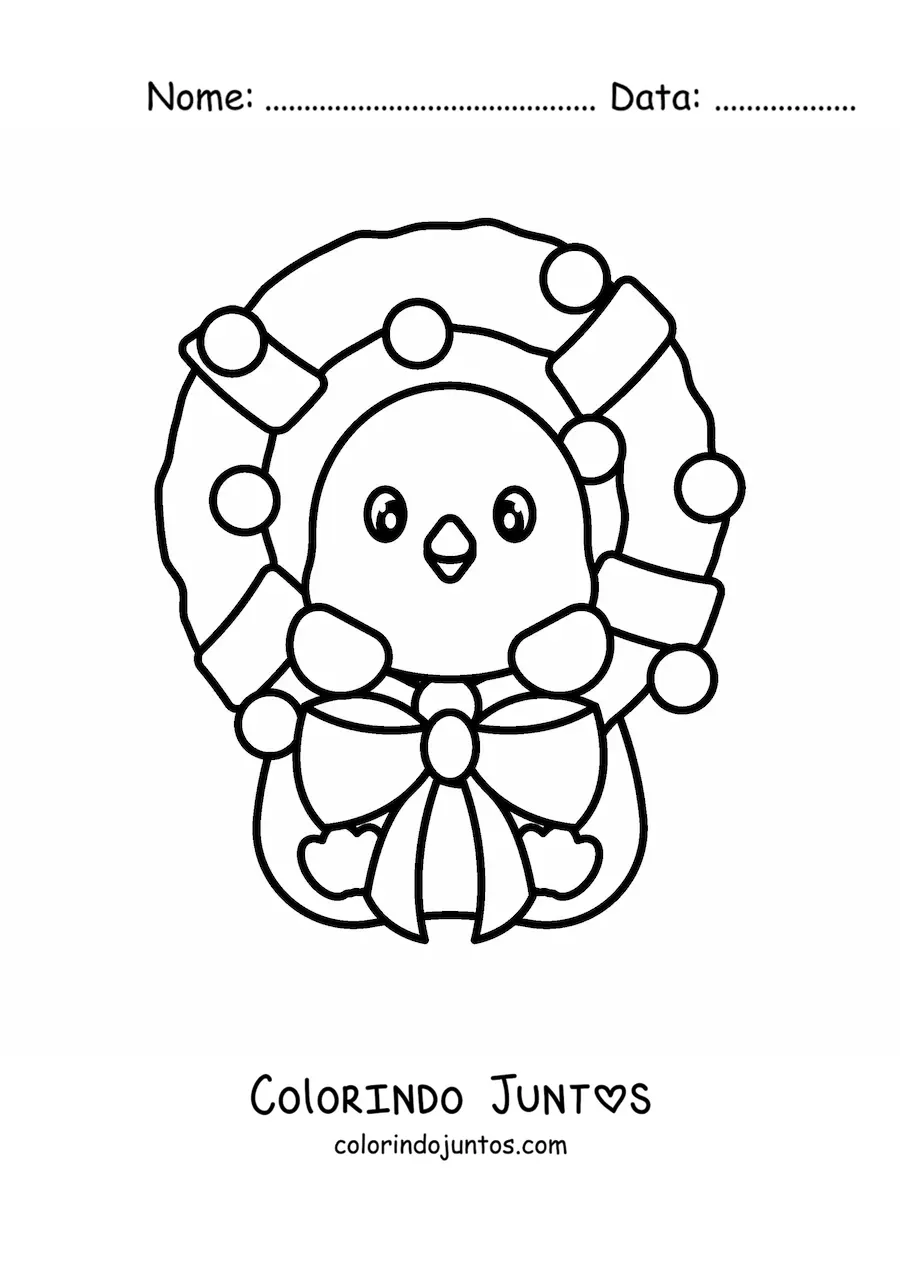 Desenho para colorir de guirlanda de Natal com pinguim kawaii