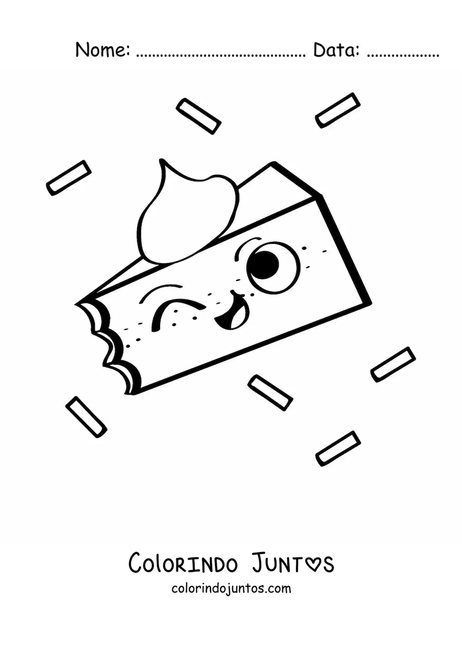 Desenho para colorir de uma fatia de bolo animada piscando um olho