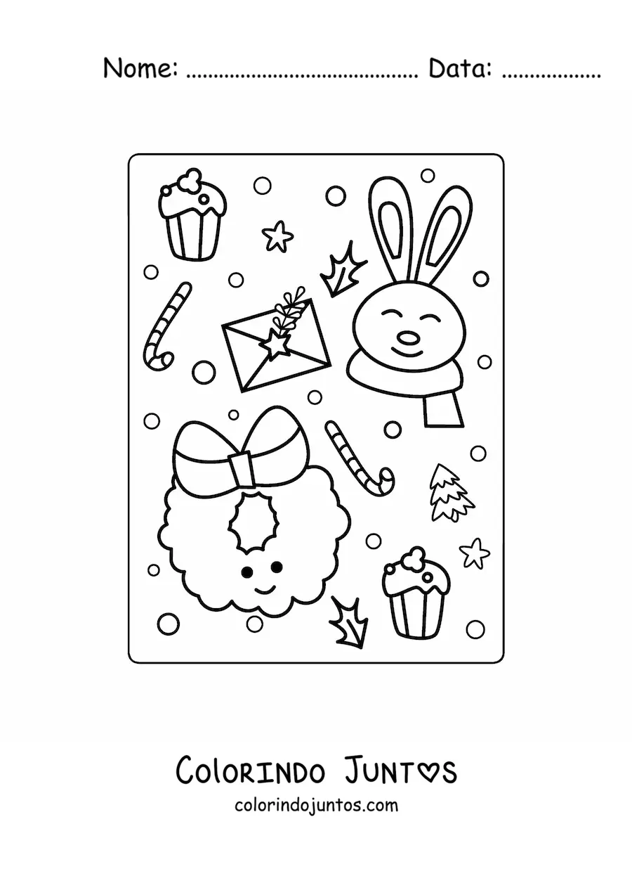 Desenho para colorir de guirlanda de Natal kawaii animada