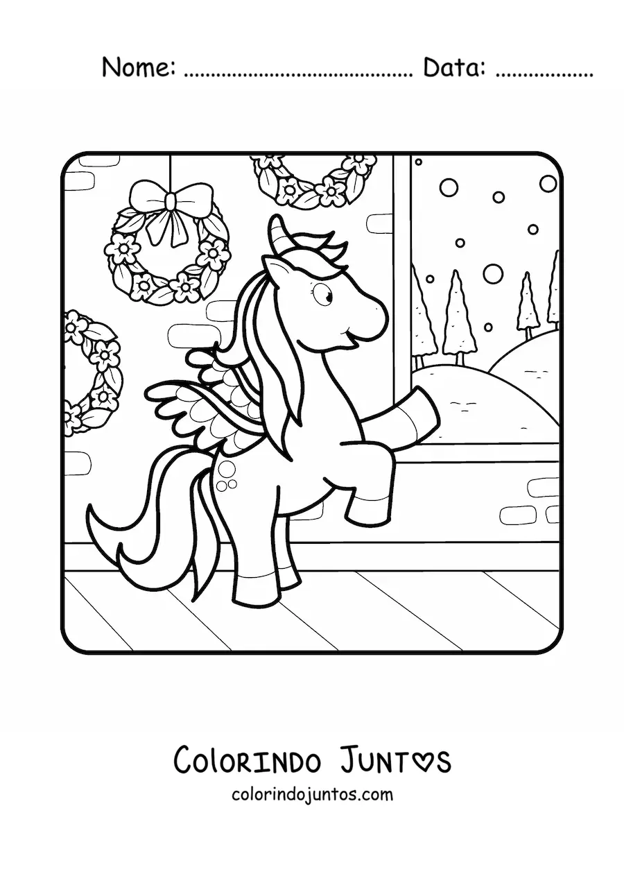 Desenho para colorir de unicornio com guirlandas de Natal
