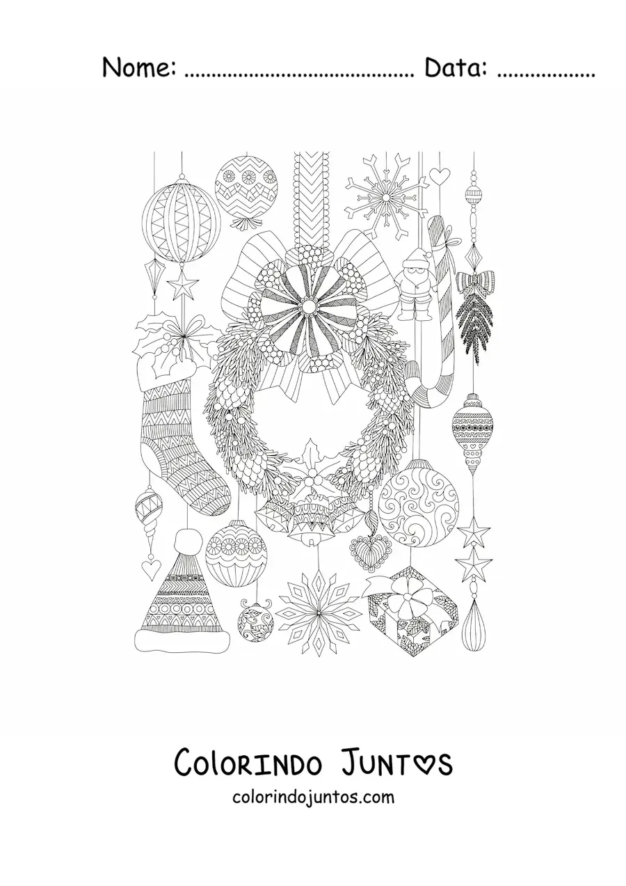 Desenho para colorir de guirlanda de Natal com enfeites natalinos