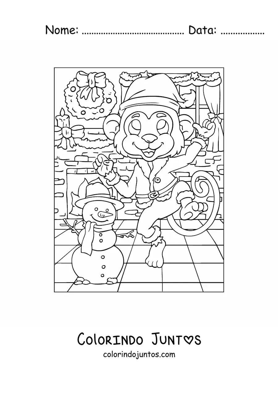 Desenho para colorir de macaco animado com guirlanda de Natal