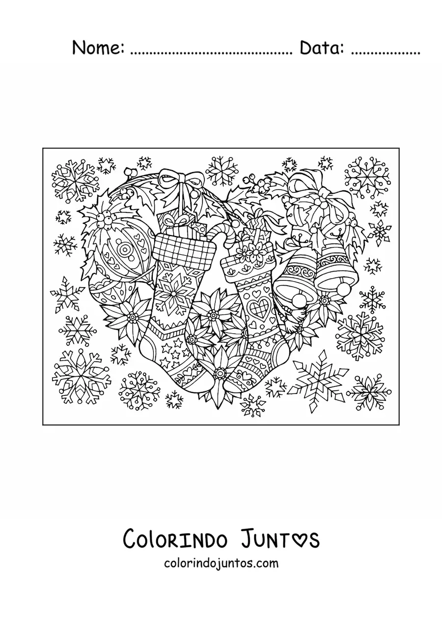 Desenho para colorir de guirlanda de Natal bonita com meias e bolas natalinas