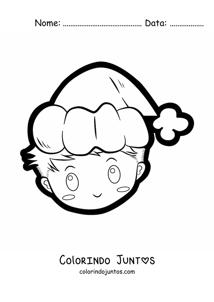 Desenho para colorir de menino kawaii com gorro de Natal