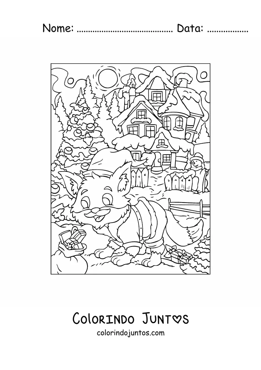 Desenho para colorir de raposa animada com gorro de Natal