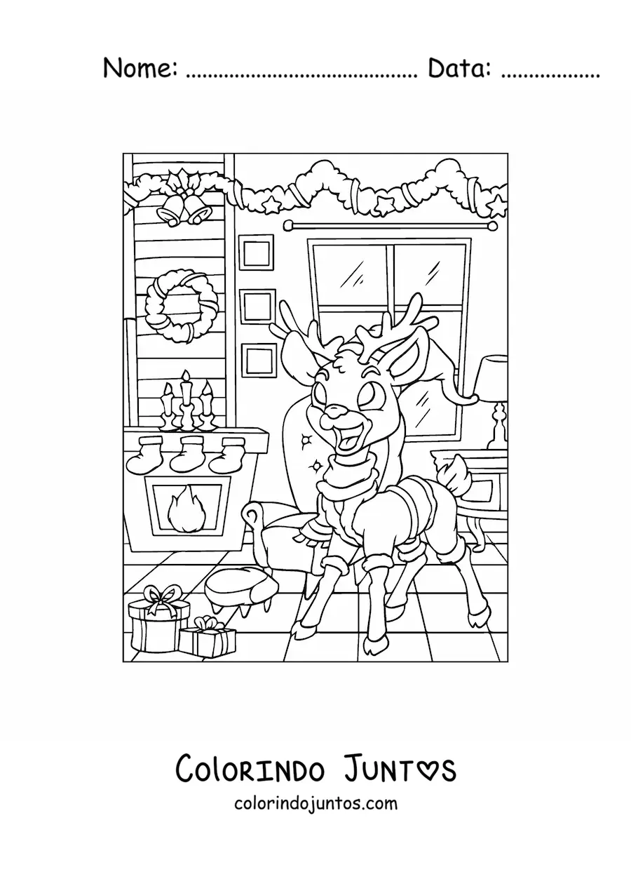 Desenho para colorir de cervo animado com gorro de Natal