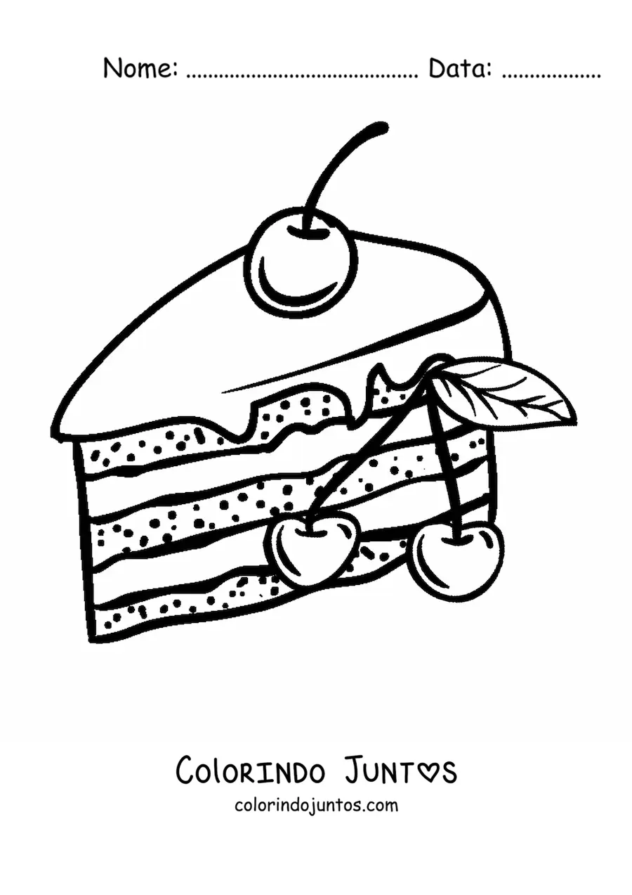 Desenho para colorir de um bolo decorado com uma cereja