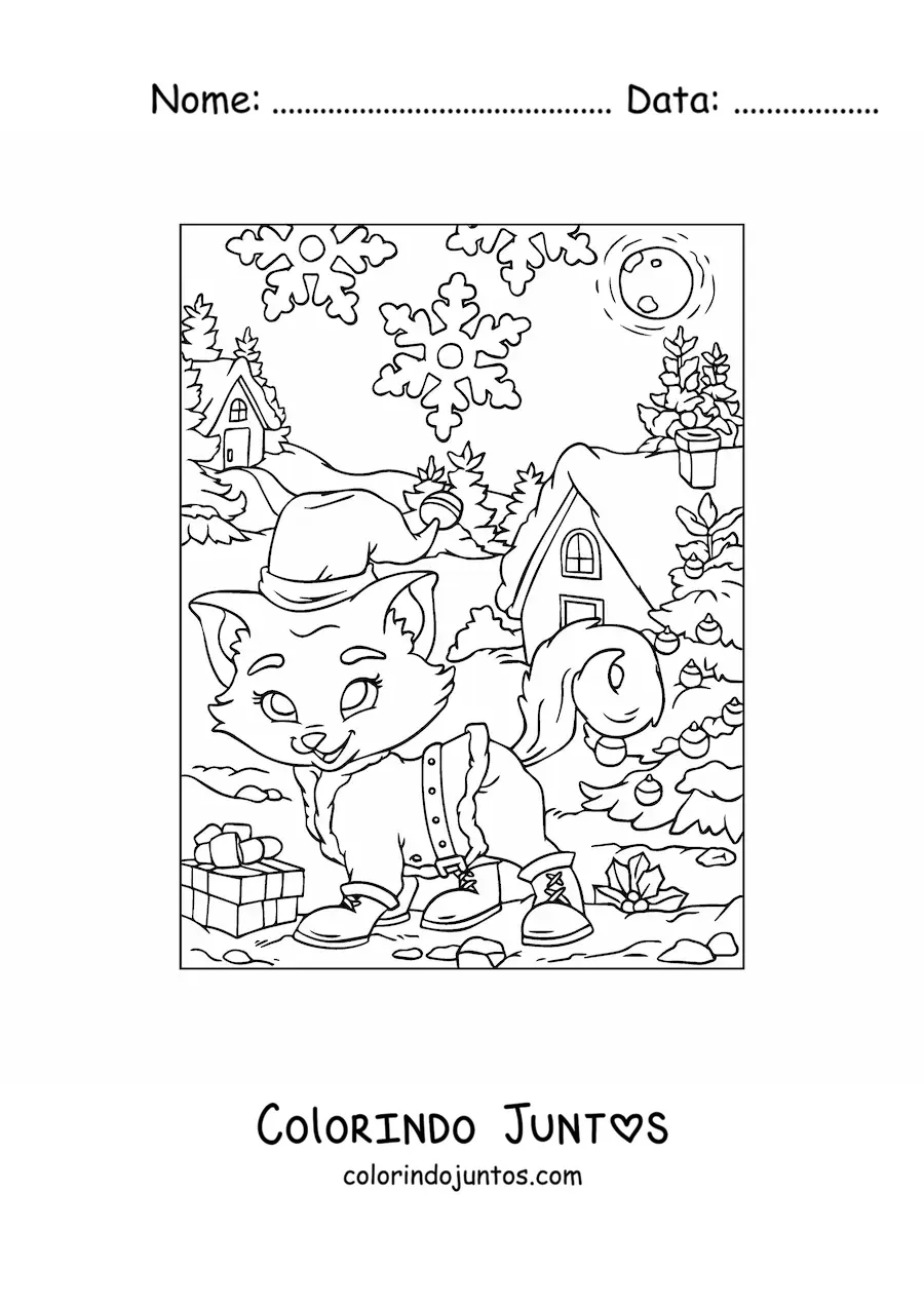 Desenho para colorir de gato animado com gorro de Natal