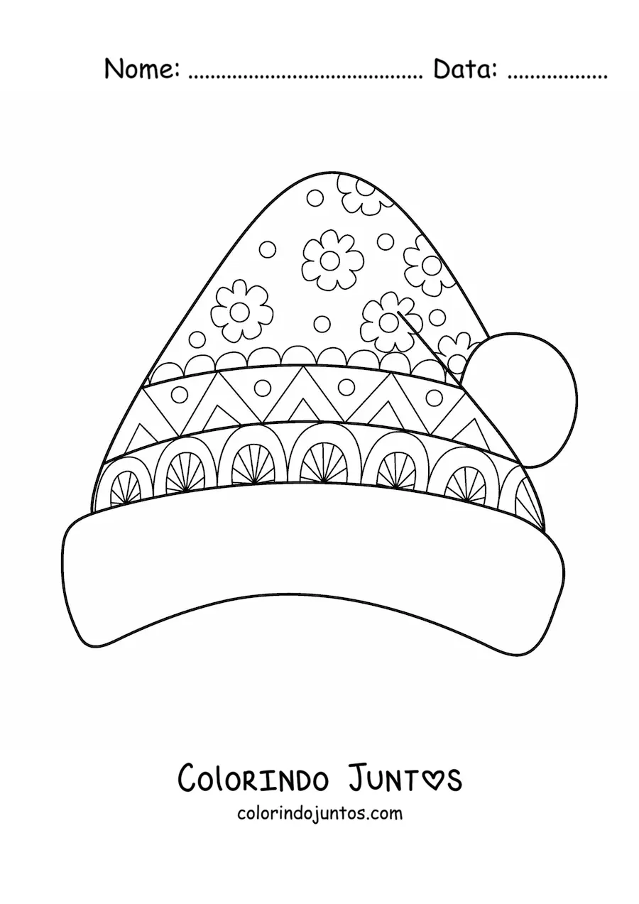 Desenho para colorir de gorro de Natal com mandala de flores