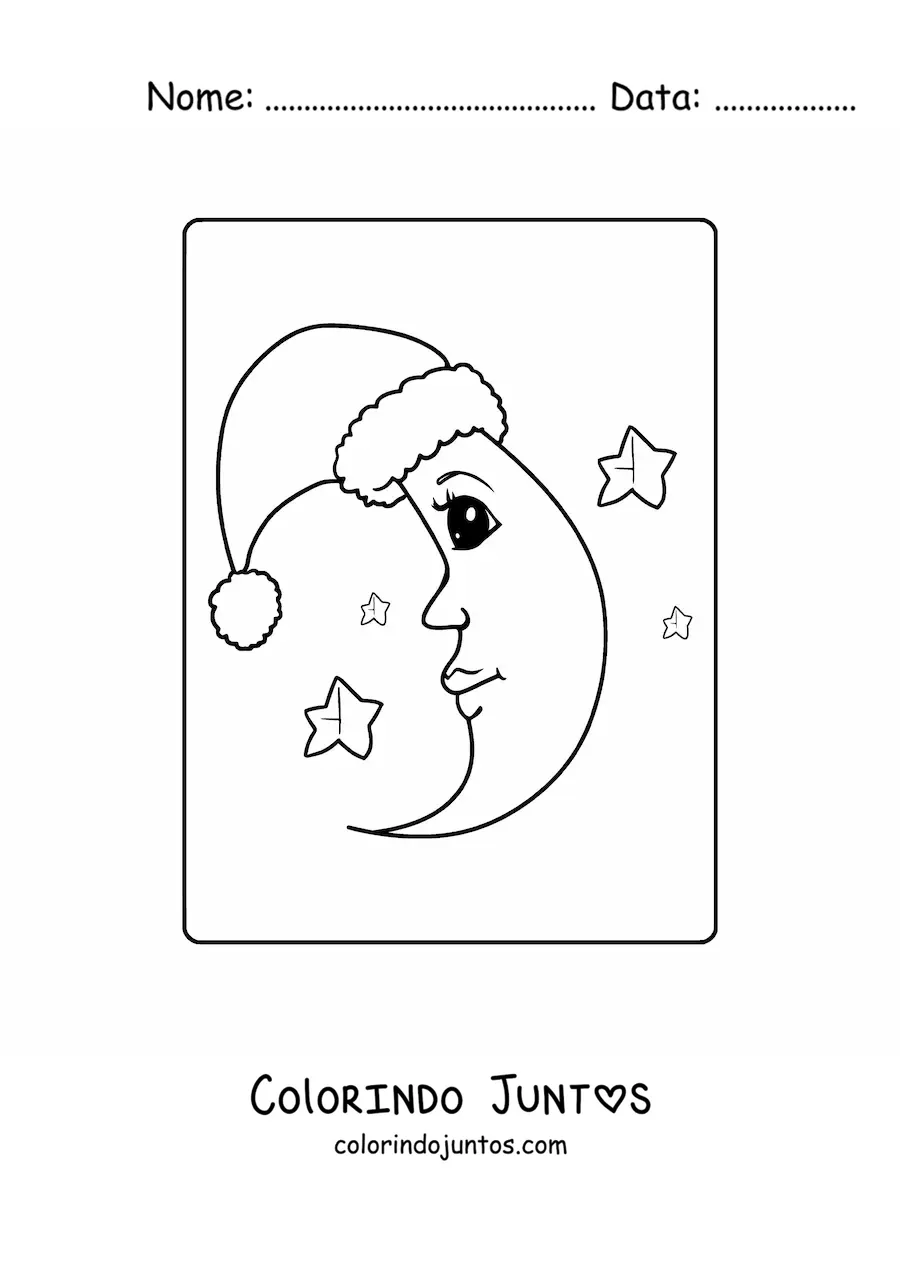 Desenho para colorir de lua animada com gorro de Natal