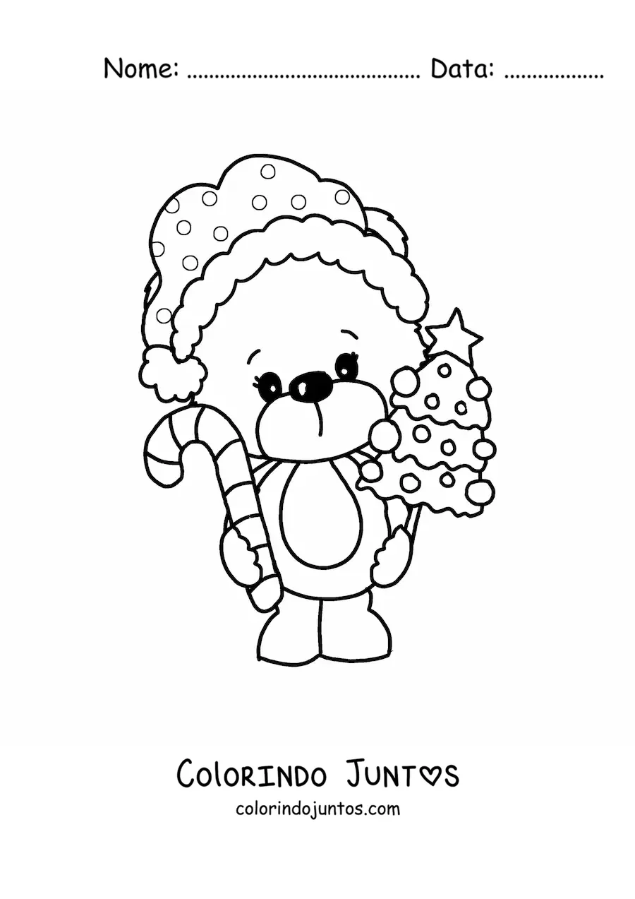 Desenho para colorir de urso de Natal com arvore de Natal e bastao de doce