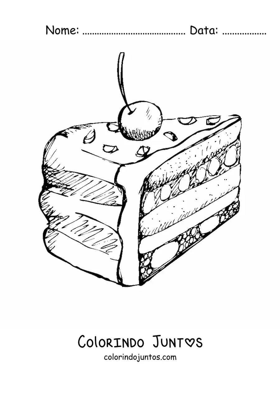 Desenho para colorir de um bolo com cobertura e uma cereja