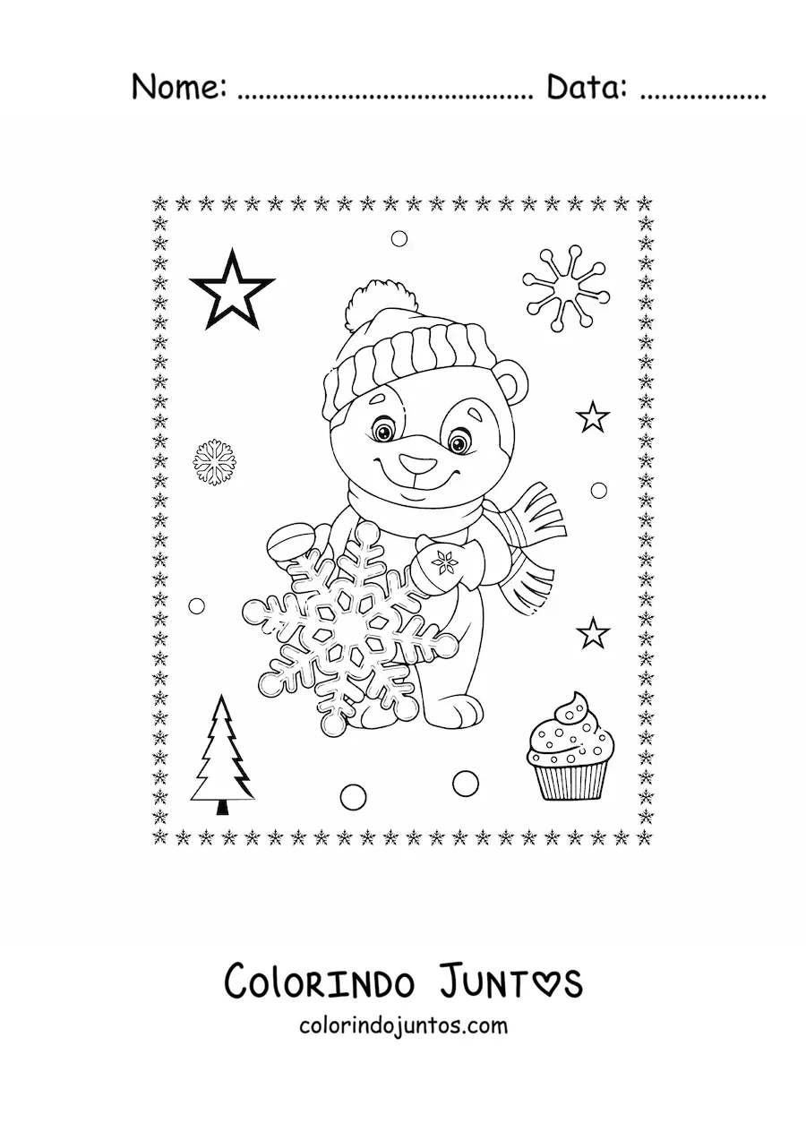 Desenho para colorir de urso de Natal animado com floco de neve