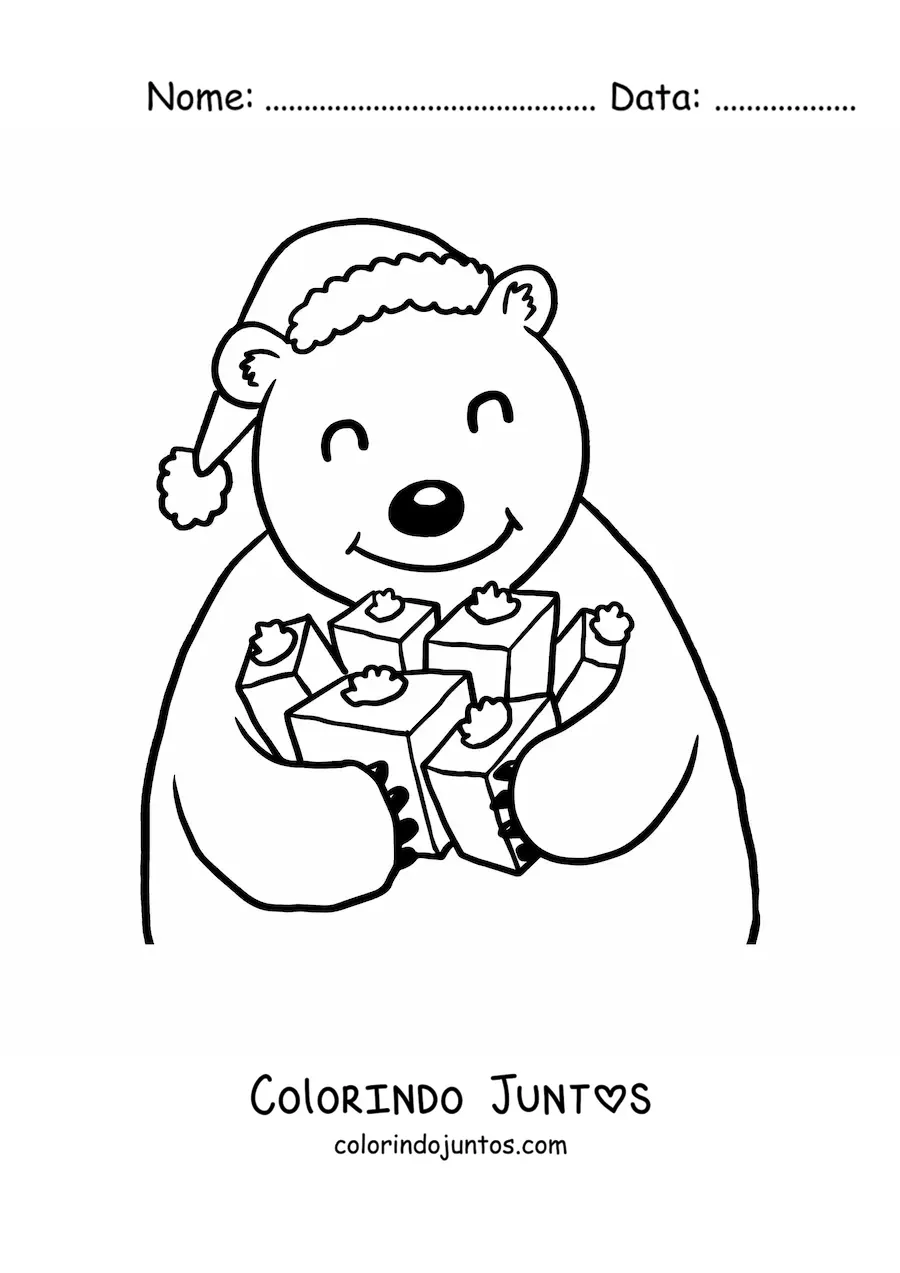 Desenho para colorir de urso com presentes e gorro de Natal
