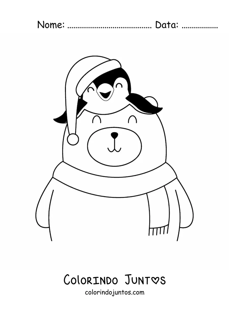 Desenho para colorir de urso com pinguim e gorro de Natal
