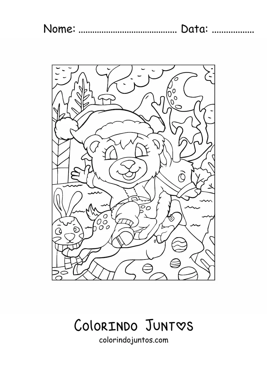Desenho para colorir de urso de Natal vestido de Papai Noel com cervo