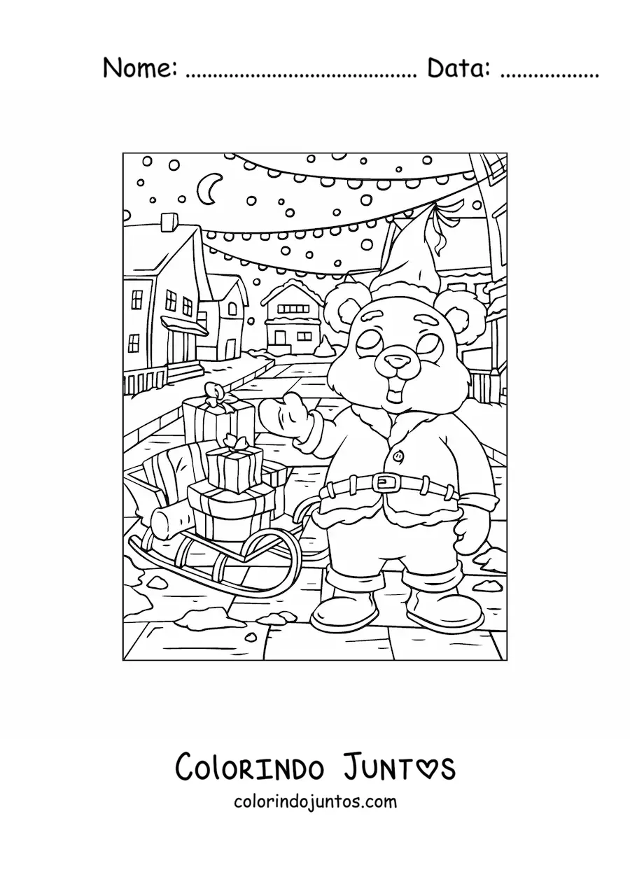 Desenho para colorir de urso de Natal vestido de Papai Noel com treno cheio de presentes