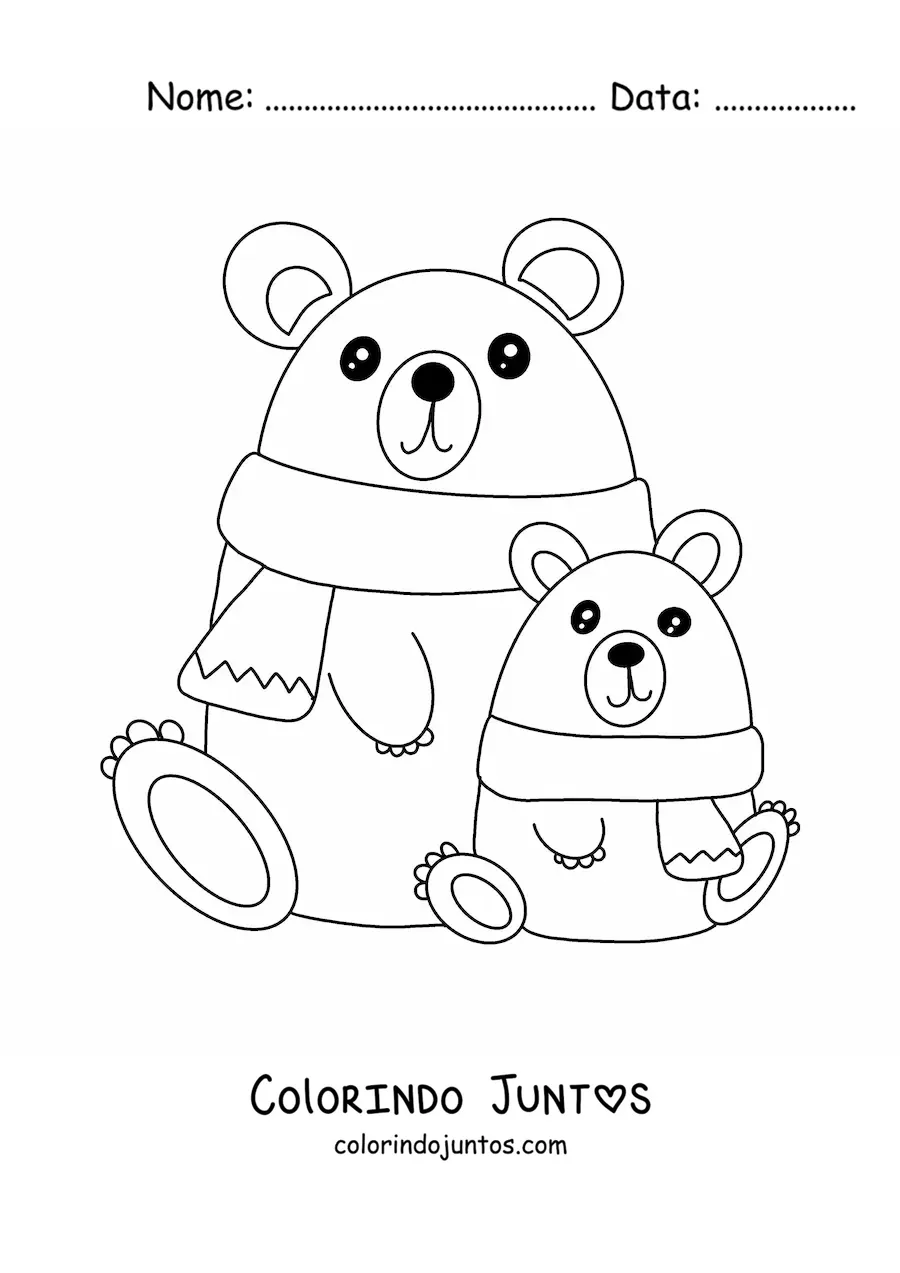 Desenho para colorir de ursos de Natal com cachecois