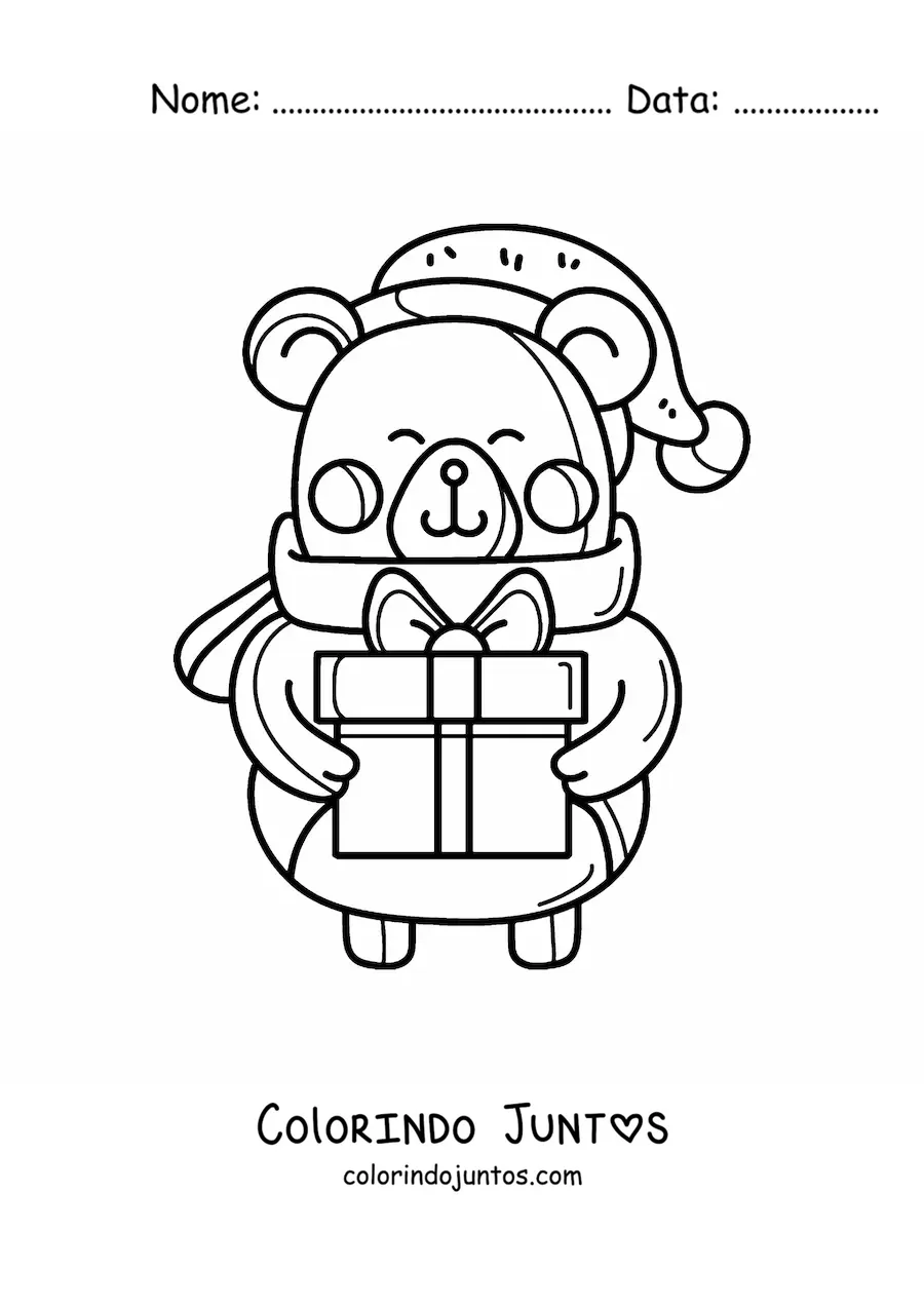 Desenho para colorir de urso de Natal kawaii com presente