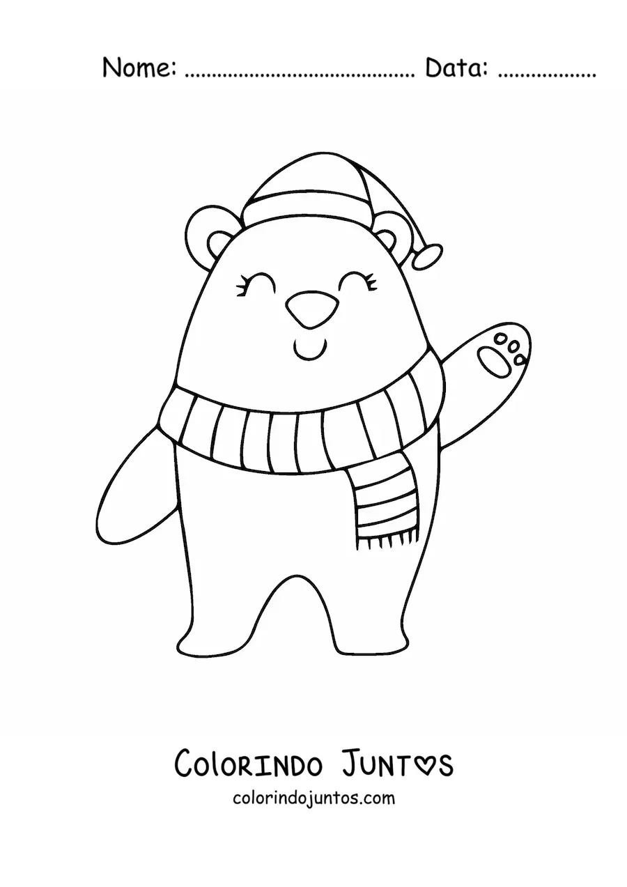 Desenho para colorir de urso de Natal com cachecol e gorro
