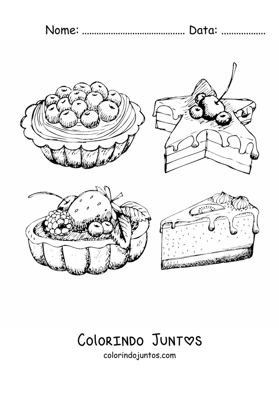 Desenho para colorir de quatro bolos de frutas diferentes