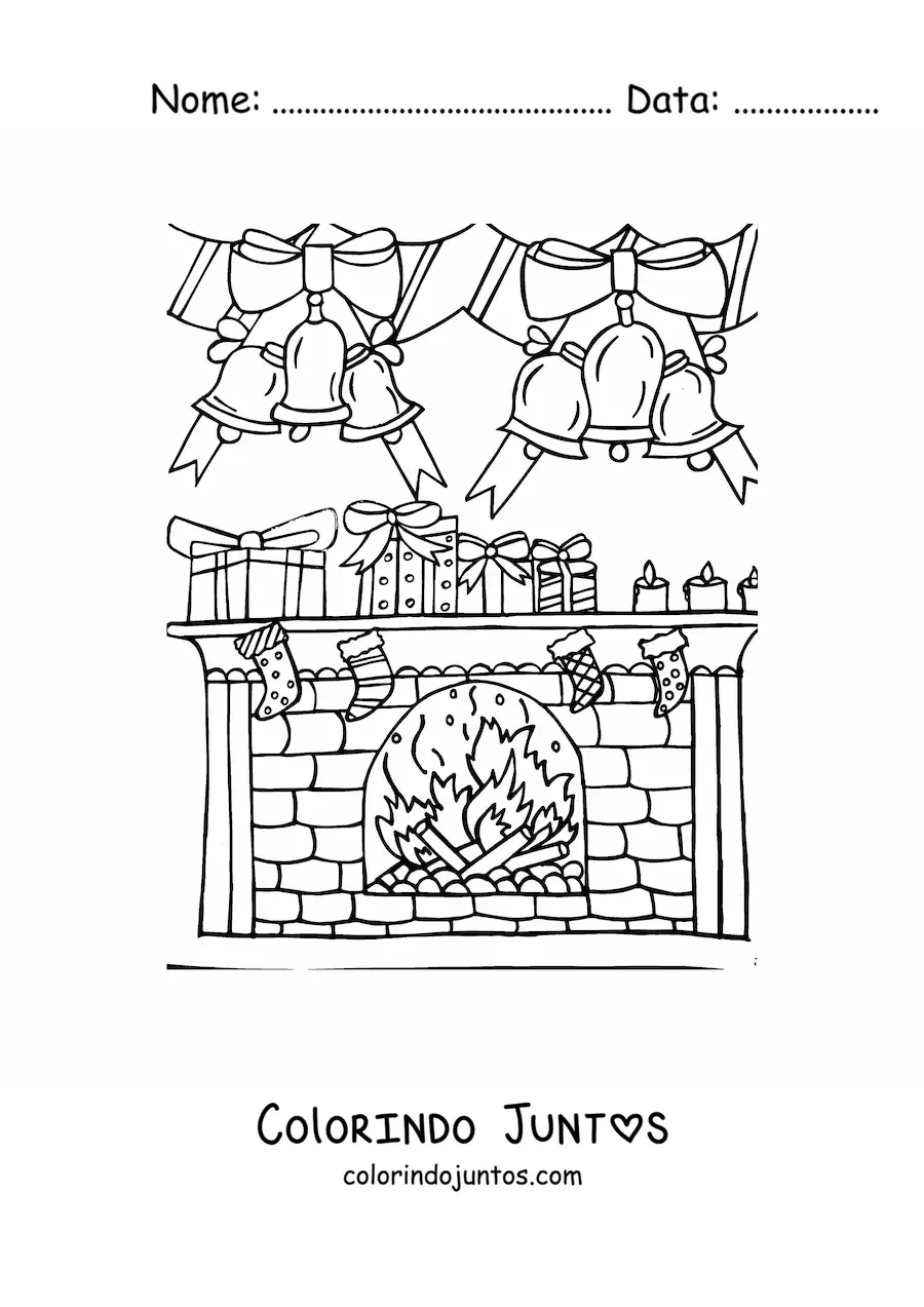 Desenho para colorir de lareira decorada com meias e sinos de Natal
