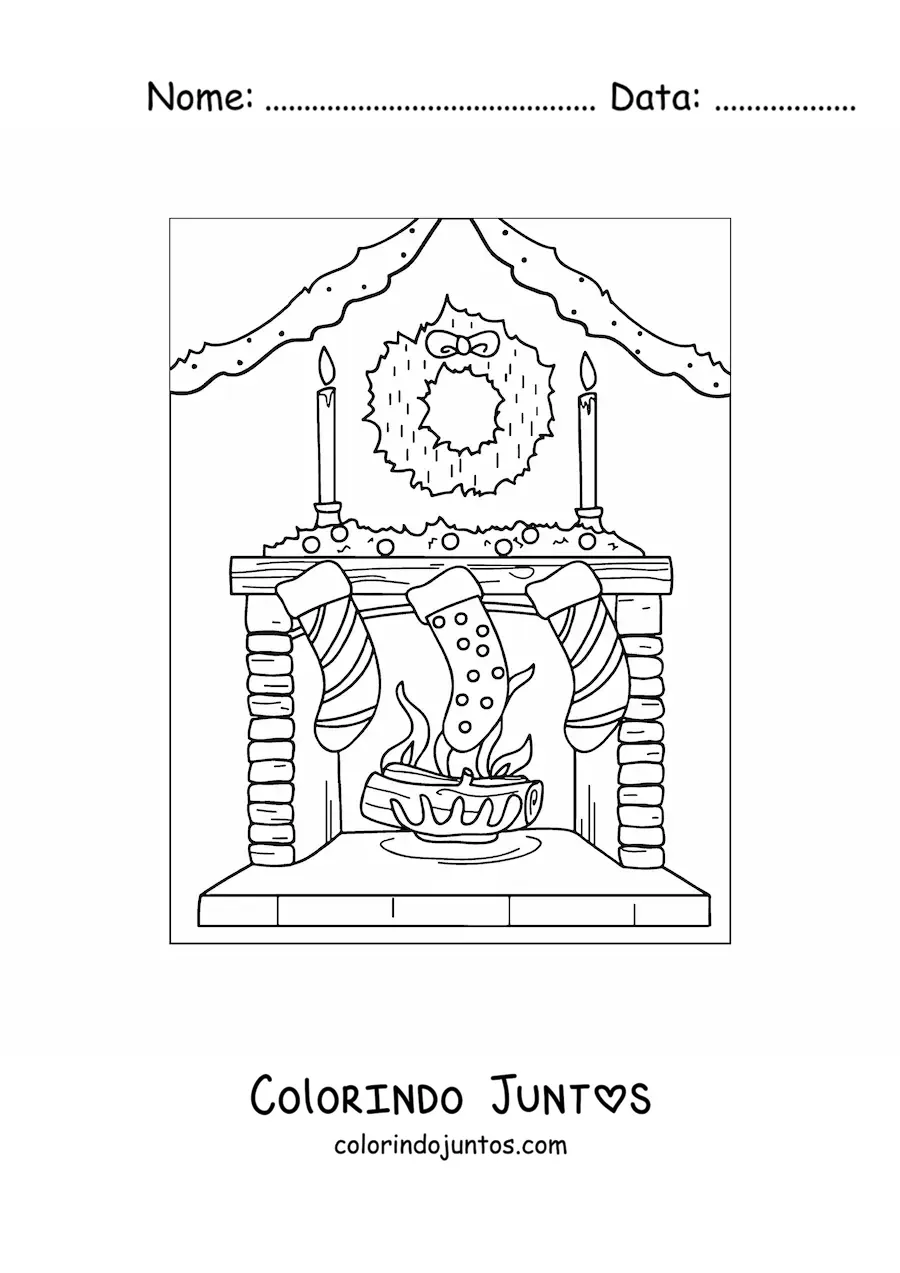 Desenho para colorir de lareira decorada com meias e guirlanda de Natal