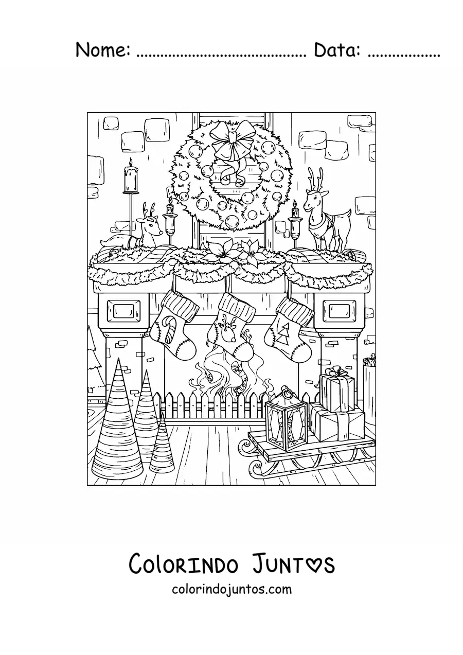Desenho para colorir de lareira realista decorada para o Natal
