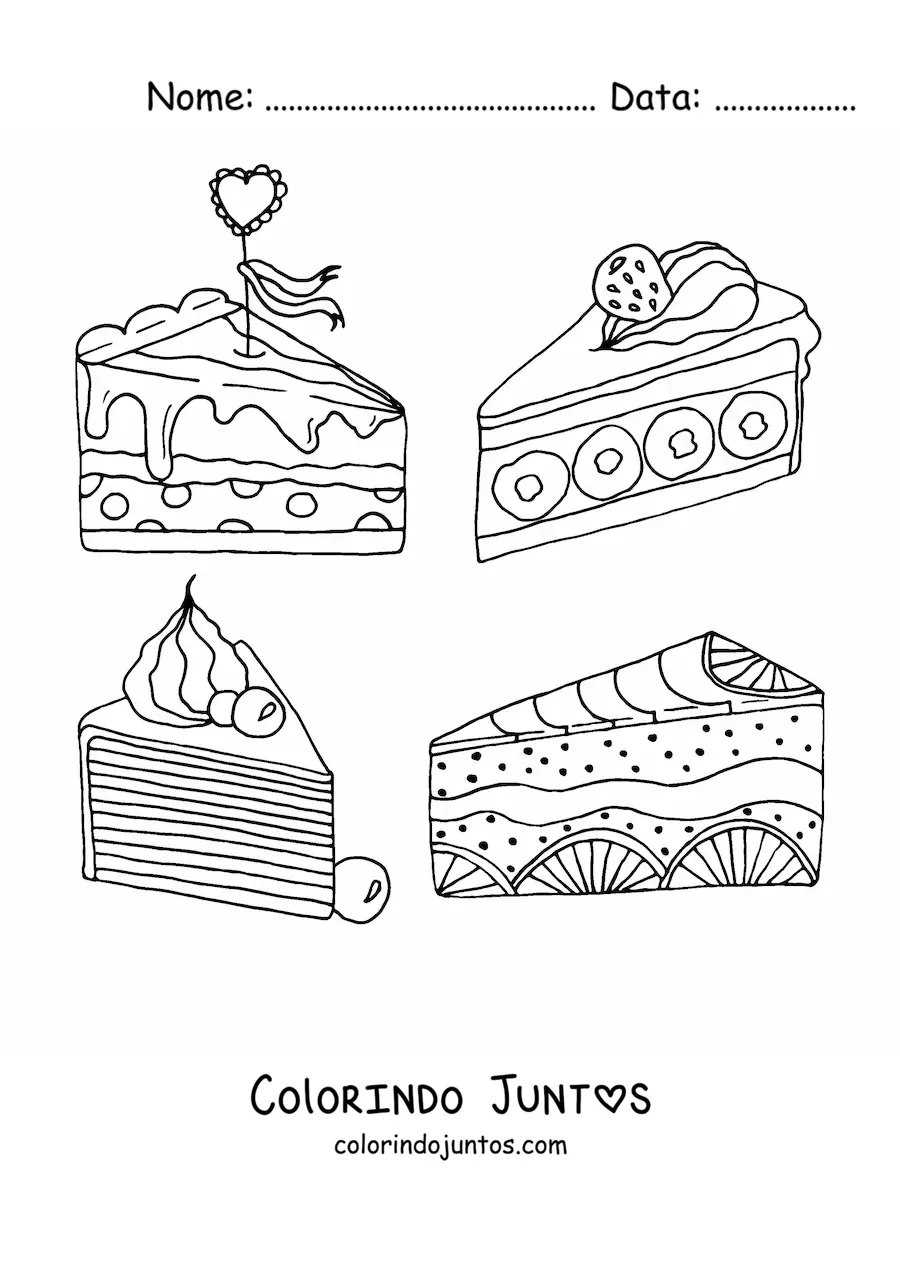 Desenho para colorir de quatro fatias triangulares de bolos com frutas