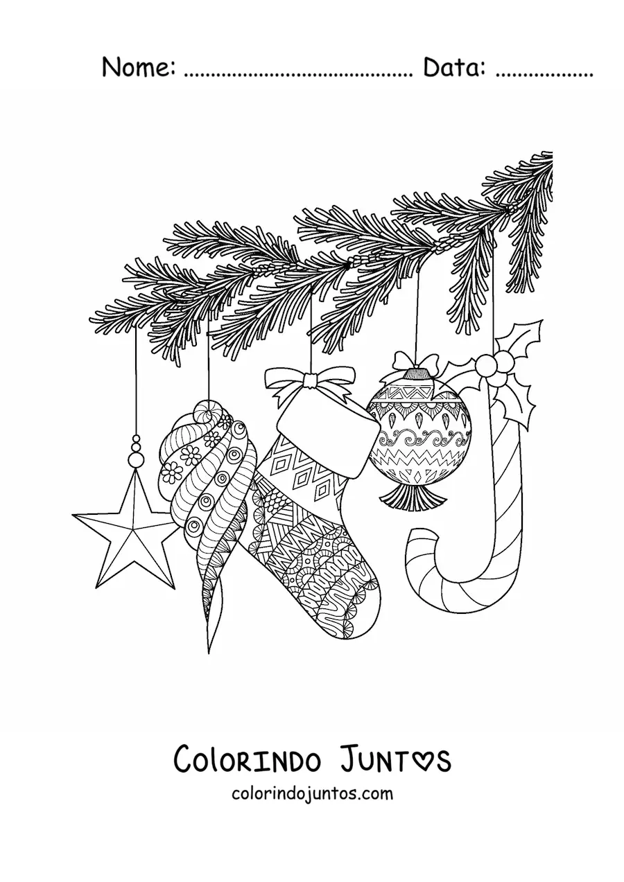 Desenho para colorir de galho de arvore de Natal com bolas e enfeites